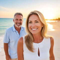 Obraz premium Mujer y hombre maduros sonriendo de vacaciones en una playa con una puesta de sol 