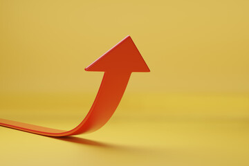 Growing Red Arrow up isolated on yellow background. Success concept. 3d illustration.