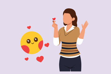 Happy girl gives love and optimistic. Love concept. Colored flat vector illustration isolated.