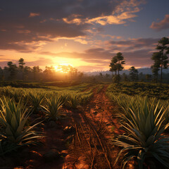 Contemplação da magnífica paisagem de uma plantação de abacaxi em uma fazenda ao nascer do sol.