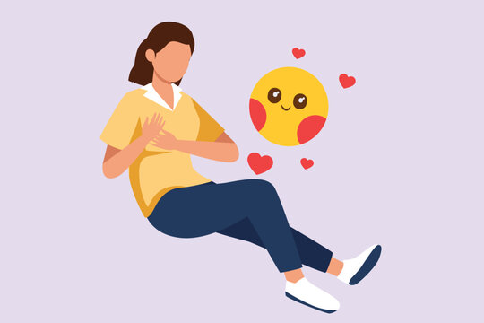Happy girl gives love and optimistic. Love concept. Colored flat vector illustration isolated.