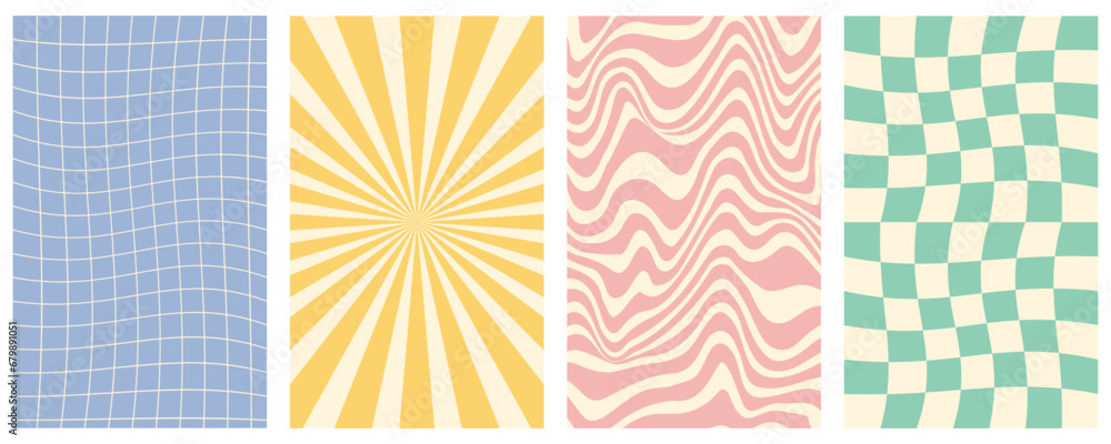 Poster groovy hippie 70s vector backgrounds set. chessboard and twisted patterns. backgrounds in trendy ret