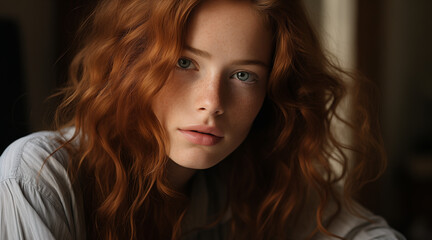 Naklejka premium Close-up portrait of a young woman with a soft warm glow on her face, she has freckles and her lips have a natural pink hue with a slight shine. soft brown hair