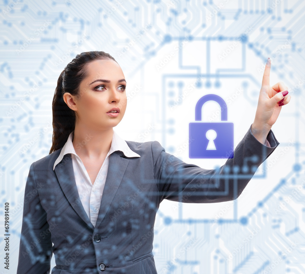 Aufkleber man in digital security concept pressing button
