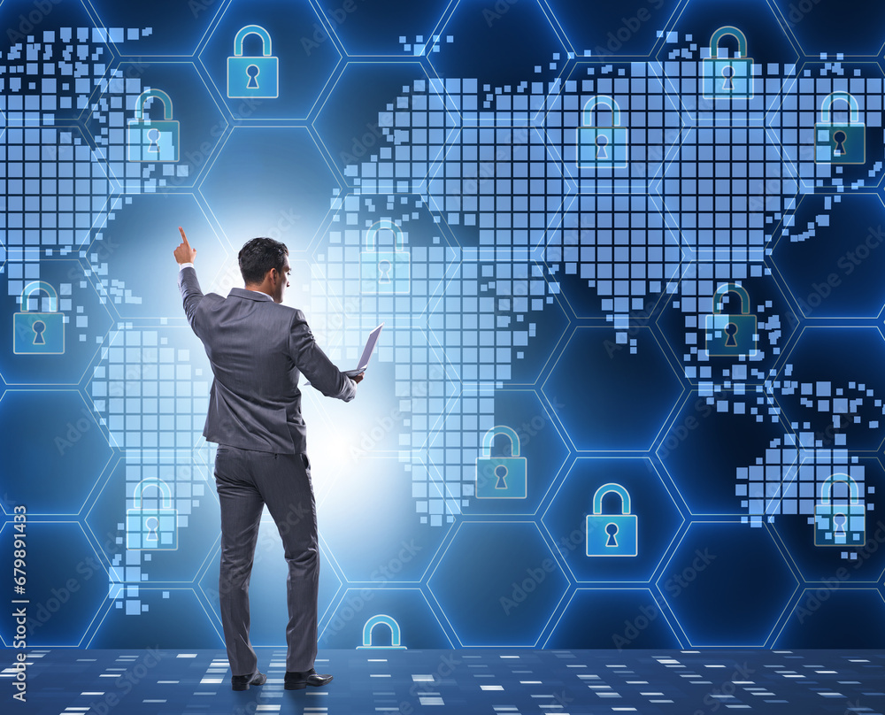 Poster man in digital security concept pressing button