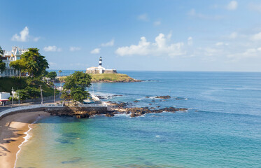 Drone aerial view of Barra beach in Salvador Bahia Brazil.