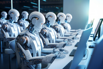 Smart AI robot took workplace. Unemployment. Job loss from artificial intelligence technology. Work problem with robot competition in human occupations.