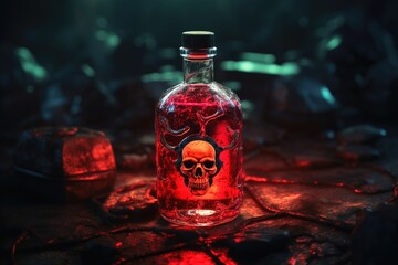 A bottle with a liquid and a poison symbol on it. - obrazy, fototapety, plakaty