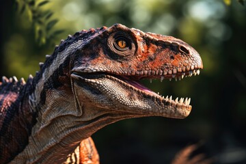 A close up of a dinosaur head.