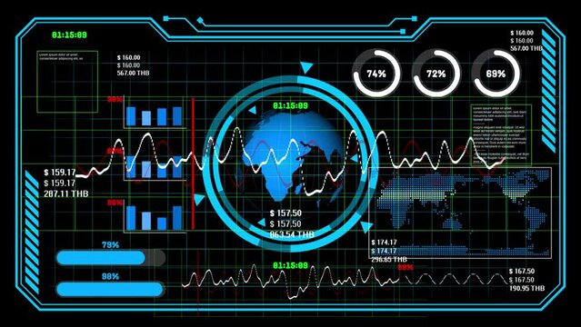 Using artificial intelligence to analyze data and display UI UX it through a holographic HUD screen. Future AI technology concepts help in data analysis and decision making.