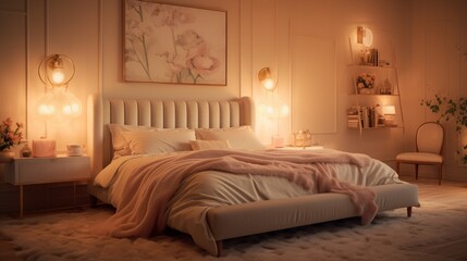 A bedroom with soft, pastel-hued walls in a delicate swirl texture, illuminated by warm, golden lighting fixtures for a dreamy and romantic ambiance.