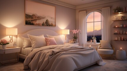 A bedroom with soft, pastel-hued walls in a delicate swirl texture, illuminated by warm, golden lighting fixtures for a dreamy and romantic ambiance.