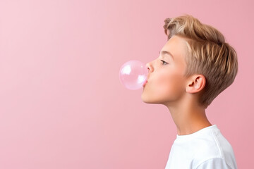 Boy with chewing gum on color background - obrazy, fototapety, plakaty