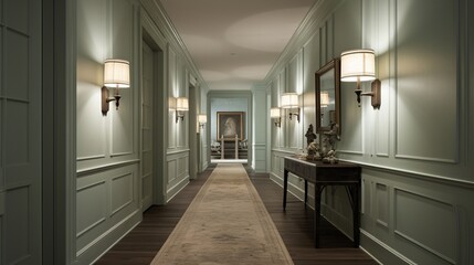 A hallway adorned with walls featuring a soft, mint-green trowel texture, contrasting beautifully with dark wood flooring and decorative sconces, creating a serene and sophisticated space.