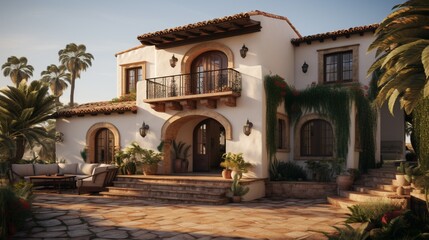 Fototapeta na wymiar An exterior shot of a Mediterranean-style villa featuring stucco-textured walls in warm terracotta, accented by rustic wooden beams and wrought-iron details, evoking a timeless and elegant charm.