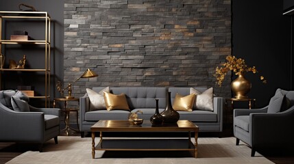 An image capturing the elegance of a charcoal-gray brick-textured wall, paired with contemporary furnishings and accented by pops of gold decor, exuding a chic and modern atmosphere.