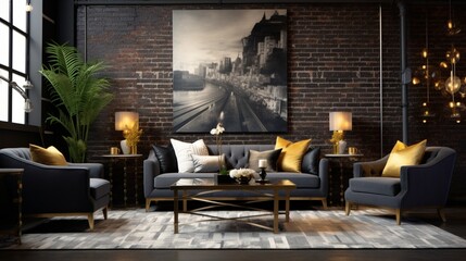 An image capturing the elegance of a charcoal-gray brick-textured wall, paired with contemporary furnishings and accented by pops of gold decor, exuding a chic and modern atmosphere. - obrazy, fototapety, plakaty