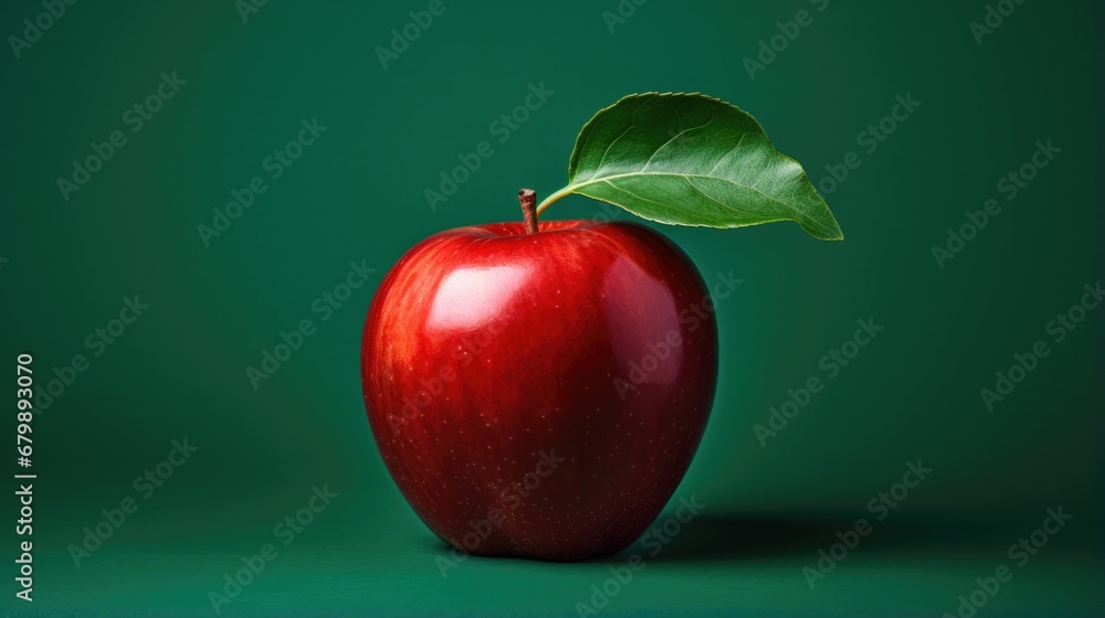 Poster a red apple with a leaf sticking out of it. generative ai.
