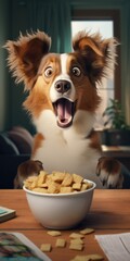 A surprised dog sitting at a table with a bowl of dog food. Generative AI. - obrazy, fototapety, plakaty