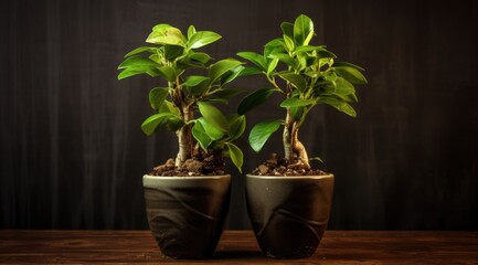 A couple of potted plants sitting on top of a wooden table. Generative AI.