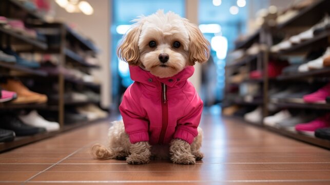 A small white dog wearing a pink jacket. Generative AI. - Powered by Adobe