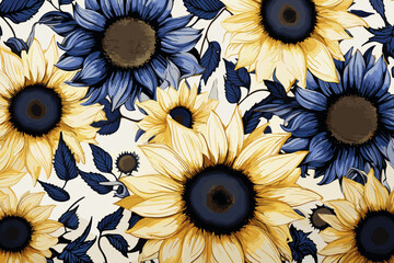 Elegant Vintage Sunflowers Background. Sunflowers seamless original pattern in vintage style. Vintage floral pattern for fabric, wallpapers and backgrounds - obrazy, fototapety, plakaty