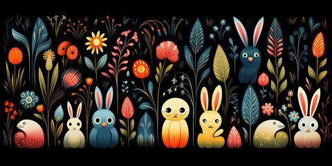 Dibujos infantiles de conejos sobre fondo negro - obrazy, fototapety, plakaty