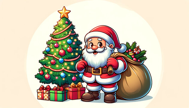 A cartoon illustration of Santa Claus standing next to a beautifully decorated Christmas tree, holding a bag of gifts. Santa is depicted in his traditional red and white suit, with a jovial expression