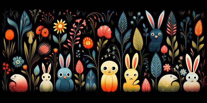 Dibujos infantiles de conejos sobre fondo negro