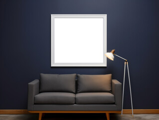 Front view blank frame on blue wall.Generated AI.
