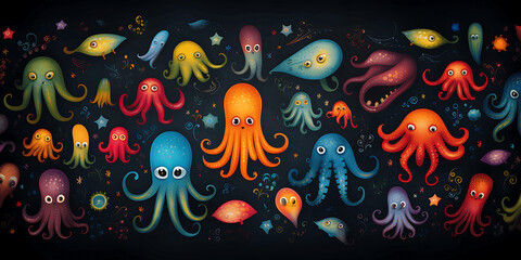 Dibujos infantiles de pulpos y calamares - obrazy, fototapety, plakaty