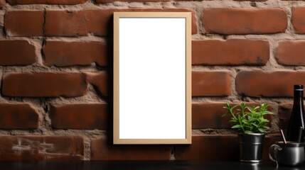 Front view blank frame on brick wall.Generated AI.