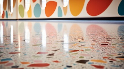 A close-up shot of polished terrazzo floor tiles with colorful aggregate, adding a playful and artistic touch to the interior.