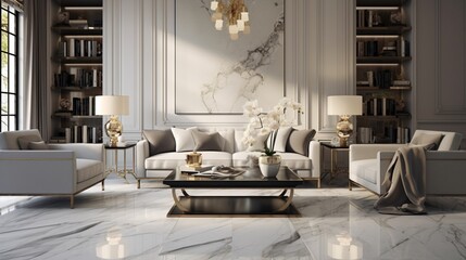 An impeccably polished floor with large, rectangular marble tiles in a calming shade of gray, creating a sense of serenity and sophistication. - obrazy, fototapety, plakaty