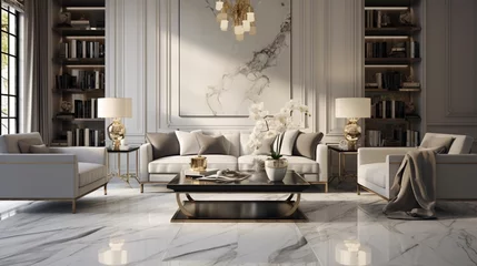 Foto op Plexiglas An impeccably polished floor with large, rectangular marble tiles in a calming shade of gray, creating a sense of serenity and sophistication. © ZUBI CREATIONS