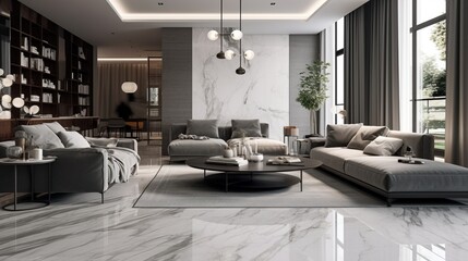 An impeccably polished floor with large, rectangular marble tiles in a calming shade of gray, creating a sense of serenity and sophistication.