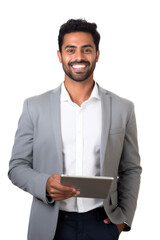 man holding tablet while smiling on transparent background. png