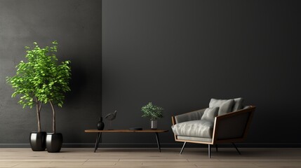 A high-quality image capturing a room with a plain black wall, creating a dramatic and bold statement in a minimalist setting.