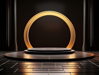 round podium for display product or showcase product presentation in black and gold accent with soft light and background decoration