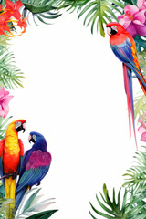 Fototapeta premium Tropical flowers and parrots frame border.