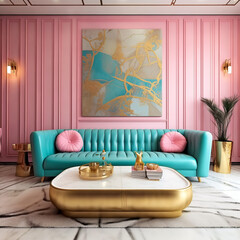 Pink sofa and turquoise chair and ottoman against paneling wall with golden decor. Hollywood glam, art deco style home interior design of modern living room, Generative AI