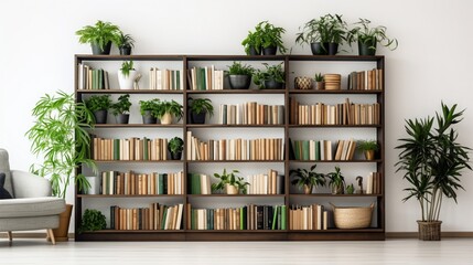 A stylish bookcase filled with books and adorned with various lush green potted plants against a pristine white wall.