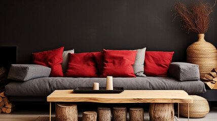 Wood log coffee table near rustic sofa with red cushion and grey and beige pillows against black stucco wall. Japandi home interior design of modern living room with fireplace, Generative AI