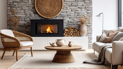 Round coffee table between wicker chair and sofa against fireplace. Scandinavian home interior design of modern living room with stone cladding wall, Generative AI