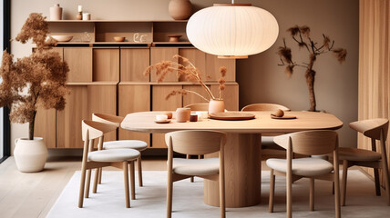 Japandi home interior design of modern dining room, Generative AI