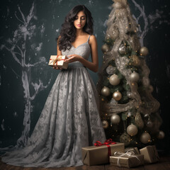 Beautiful young woman with christmas tree and presents in her hands