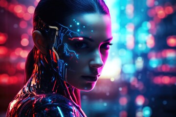 Neon Cyborg Elegance: Woman with Robotic Features and AI Enhancements Glows in Futuristic Cyberpunk Aesthetics.