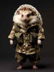 Fototapeta premium An Anthropomorphic Hedgehog Dressed Up as a Soldier in a Camo Uniform