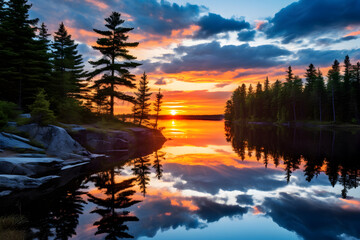 Fototapeta premium Sunset Over a Tranquil Lake in the Woods