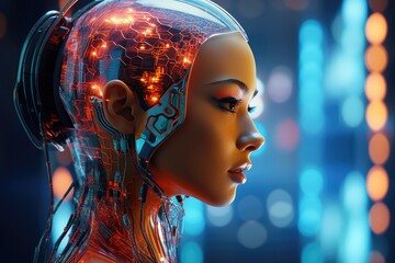 Neon Cyborg Elegance: Woman with Robotic Features and AI Enhancements Glows in Futuristic Cyberpunk Aesthetics.